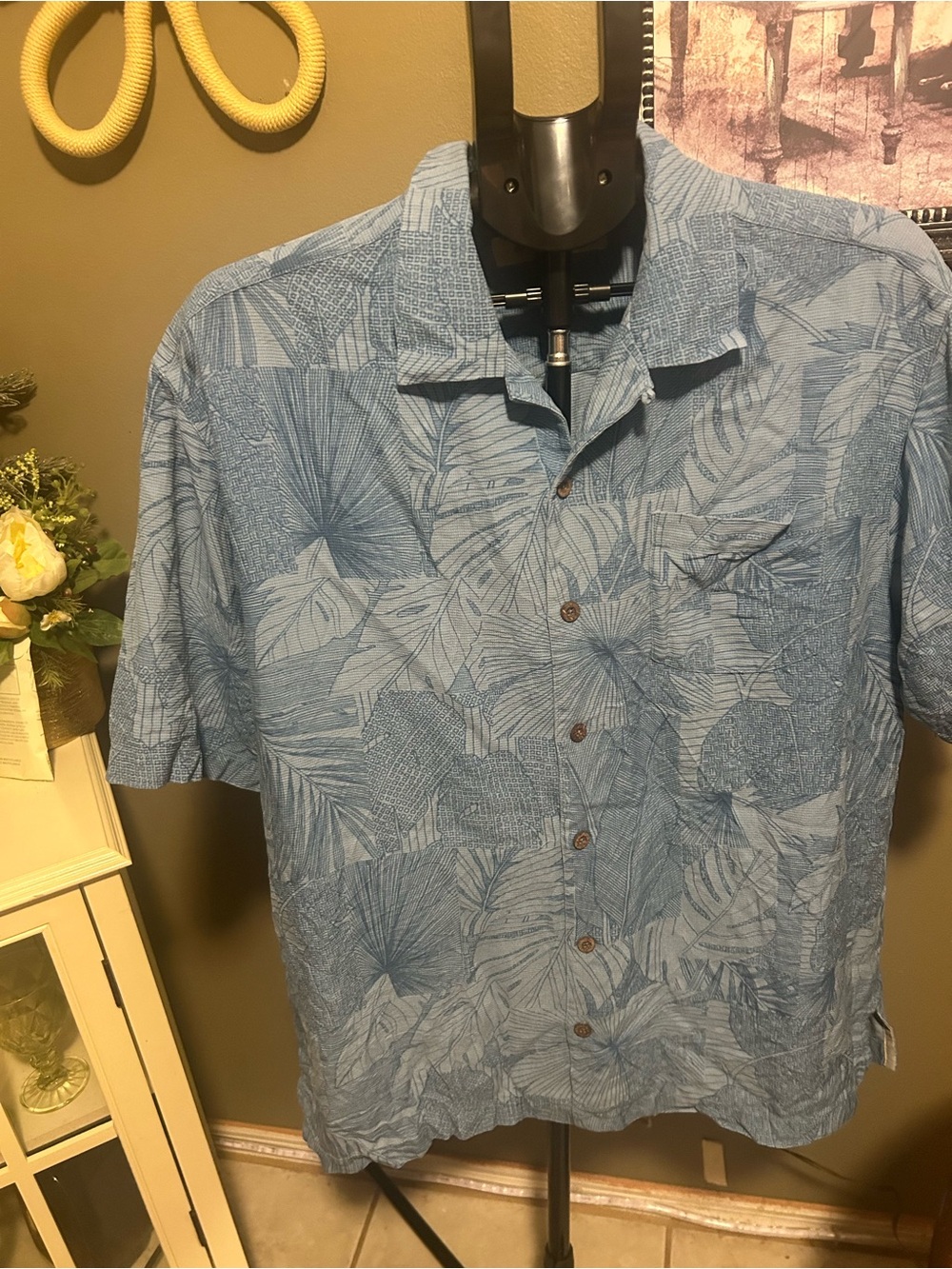 Tommy Bahama Light Blue Palm Print Camp Shirt